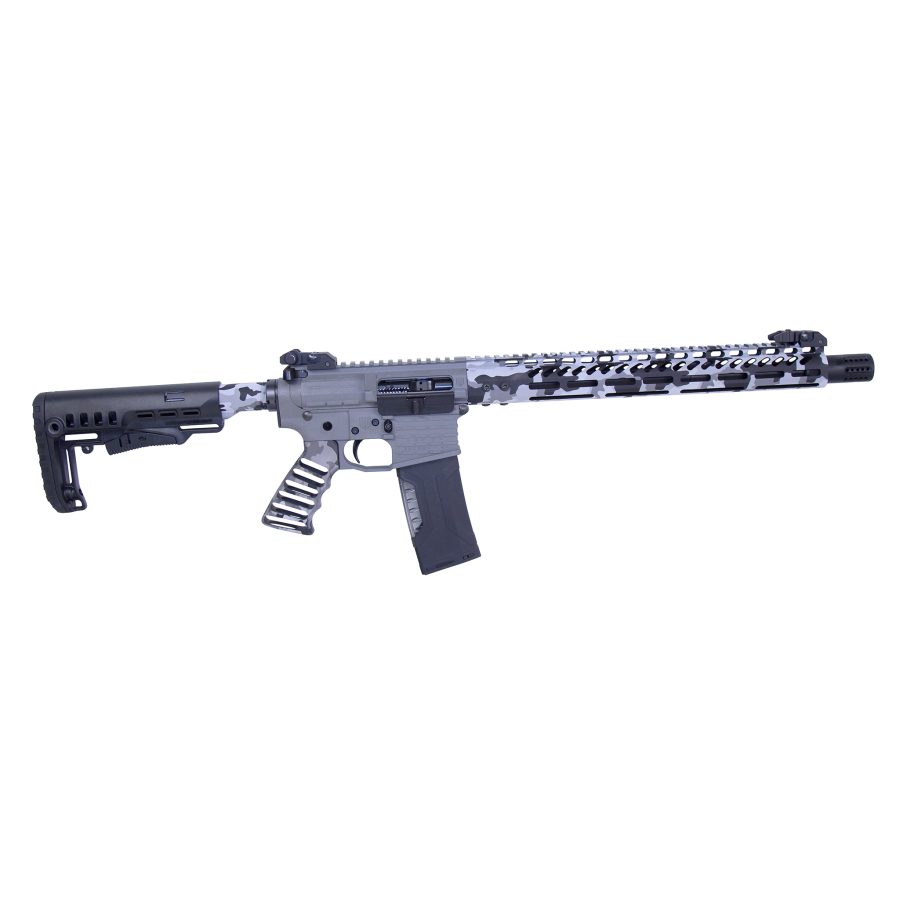 Custom AR-15 with camouflage finish, tactical upgrades, and ergonomic design for enhanced performance.