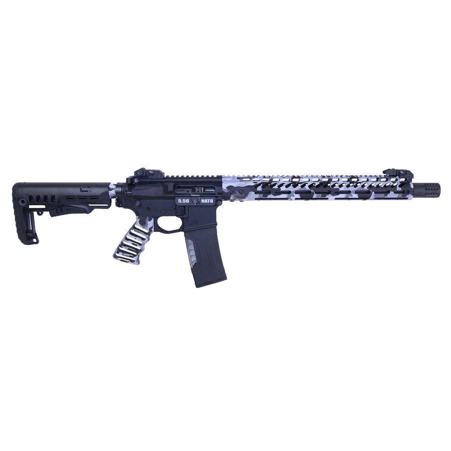 Urban Camo AR-15 Rifle with Tactical Features on White Background.