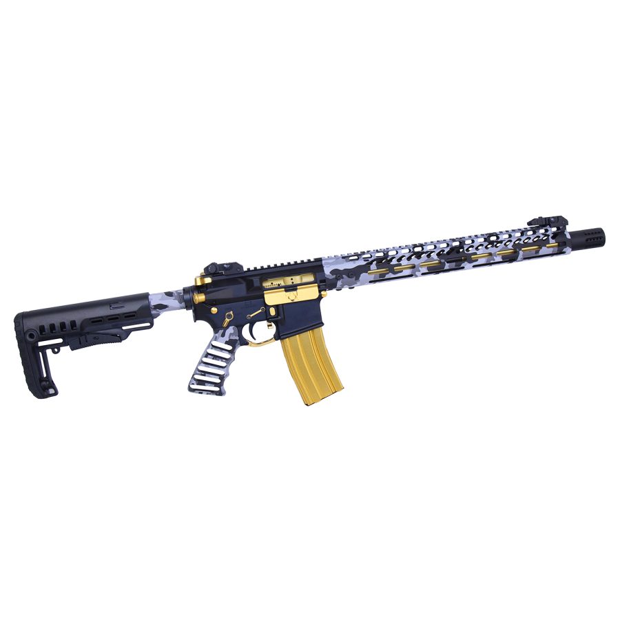 Customized AR-15 with digital camouflage, gold accents, and tactical features.
