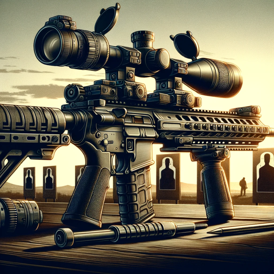 High-powered tactical rifle with scope at outdoor range, silhouetted by sunrise, with targets visible.