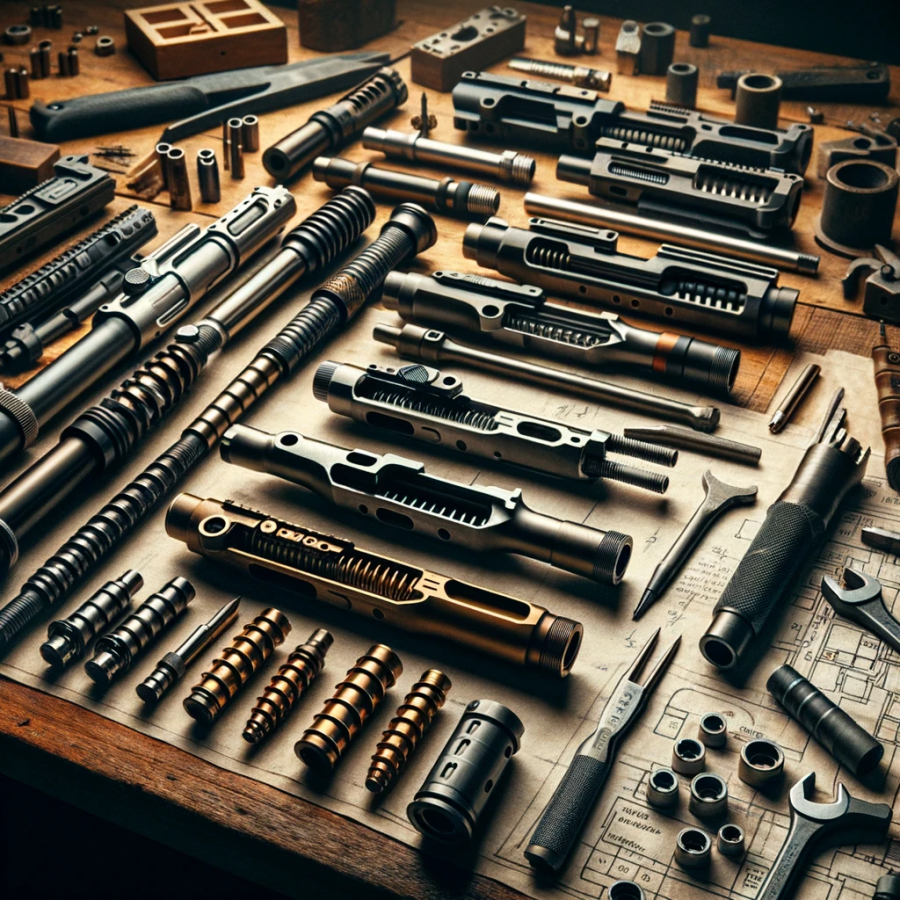 Gunsmiths workbench with disassembled firearm parts: barrels, slides, and triggers on wood.