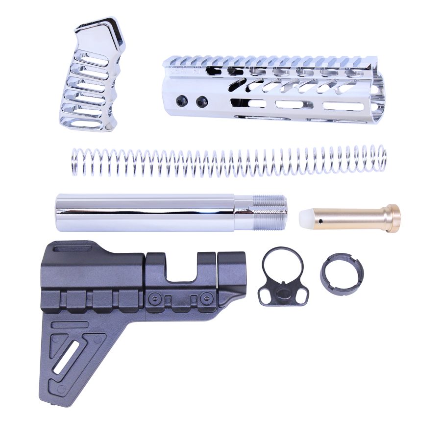 Disassembled AR-15 Pistol Kit: handguard, buffer system, stabilizing brace, and attachment components.