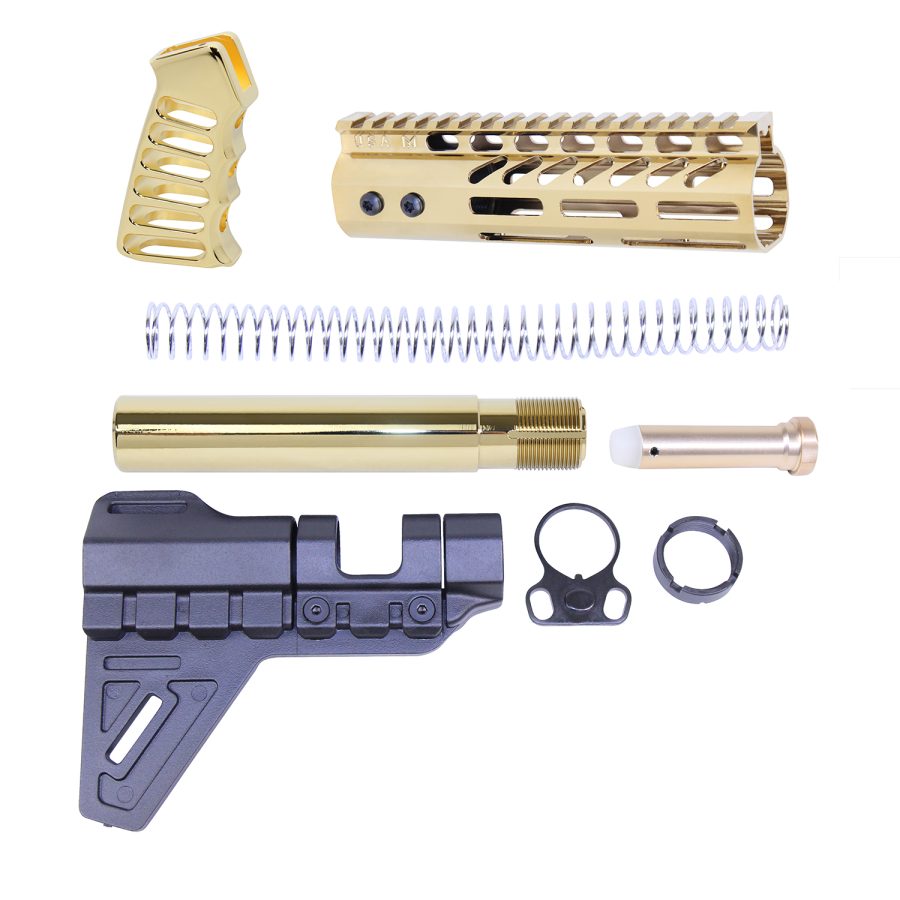 Image of AR-style pistol build kit with FDE components, including handguard and stabilizing brace.