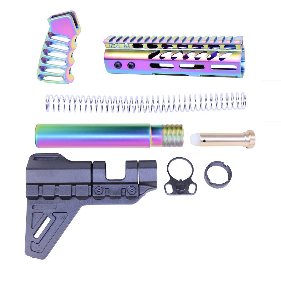 Custom AR-15 Pistol Components with Vibrant Rainbow Finish.
