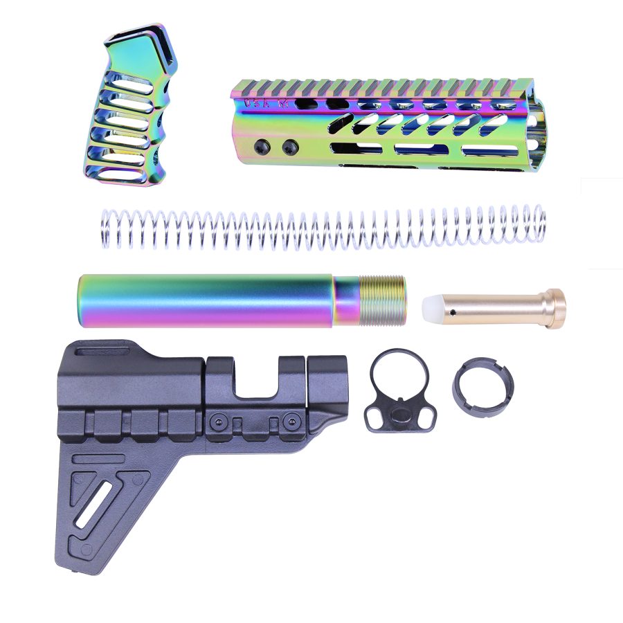 Colorful iridescent AR pistol parts for custom builds and firearm personalization.