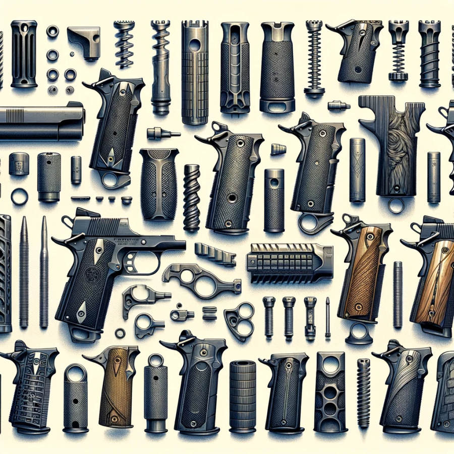 Organized display of pistol parts, showcasing engineering precision and artistic arrangement.