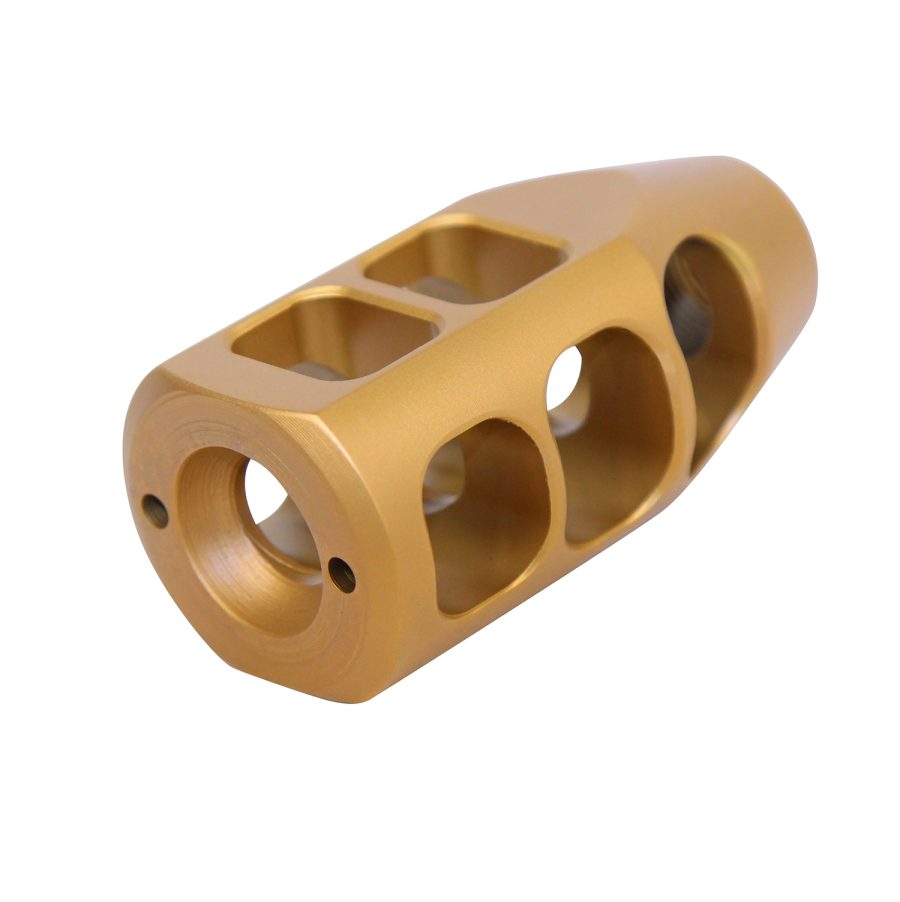 Gold-toned precision muzzle brake with ports for recoil reduction, showcasing premium craftsmanship.