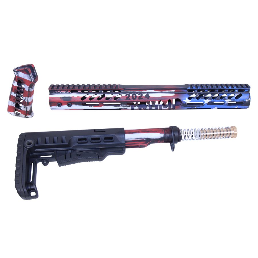 Patriotic AR-15 parts: American flag theme with 2024 engraving, arranged on white.