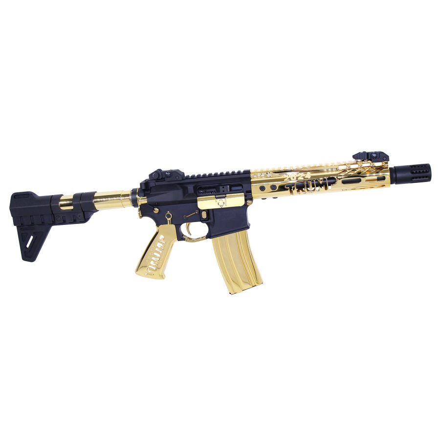 Gold-Plated AR-15 Trump 2024 Rifle: Custom, Ornate, Collectible, Political Statement Piece.