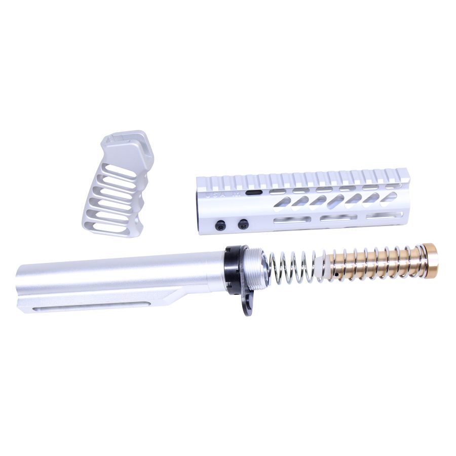 Custom silver firearm parts: pistol grip, handguard, and buffer tube with spring assembly.
