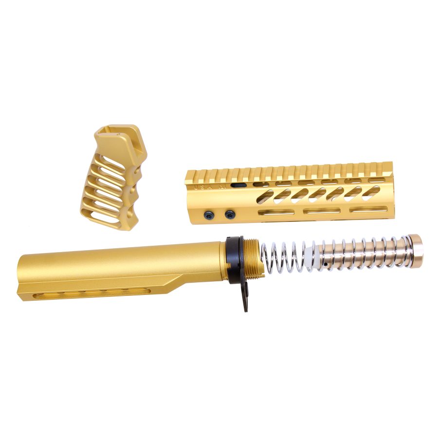 Gold anodized AR-15 parts: buffer tube, handguard, and skeletonized grip for custom upgrades.