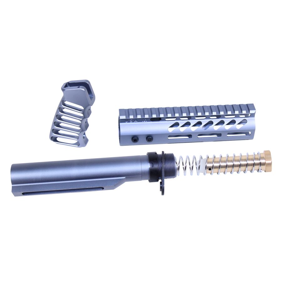 High-quality AR-15 rifle components displayed, including buffer tube, ventilated handguard, and ergonomic pistol grip.