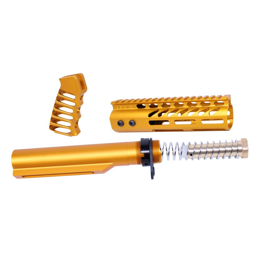 Gold anodized AR-15 parts: handguard, buffer tube, pistol grip; premium aesthetic, performance-focused.