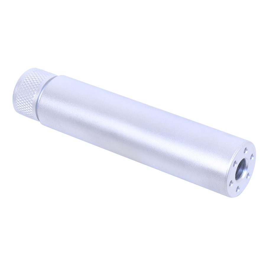 Sleek unfinished aluminum firearm fake suppressor with faux baffle holes, knurled grip, precision-engineered for use as a barrel extension.