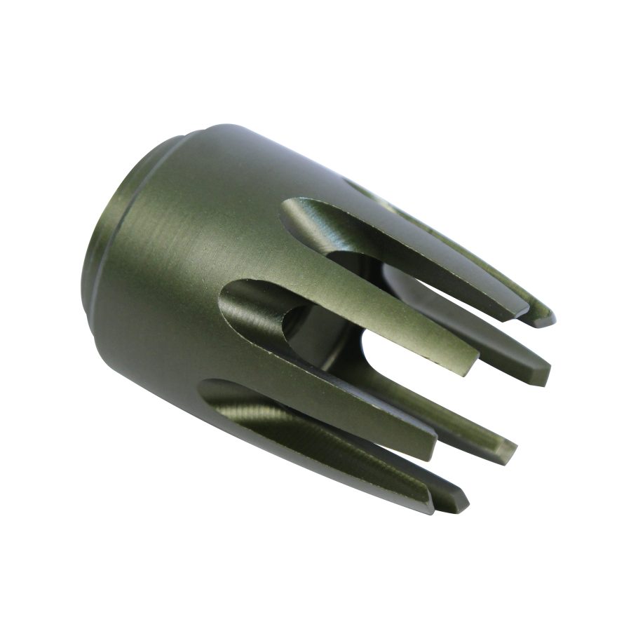 Olive green muzzle device with prong design for firearms, enhancing flash reduction and recoil control.