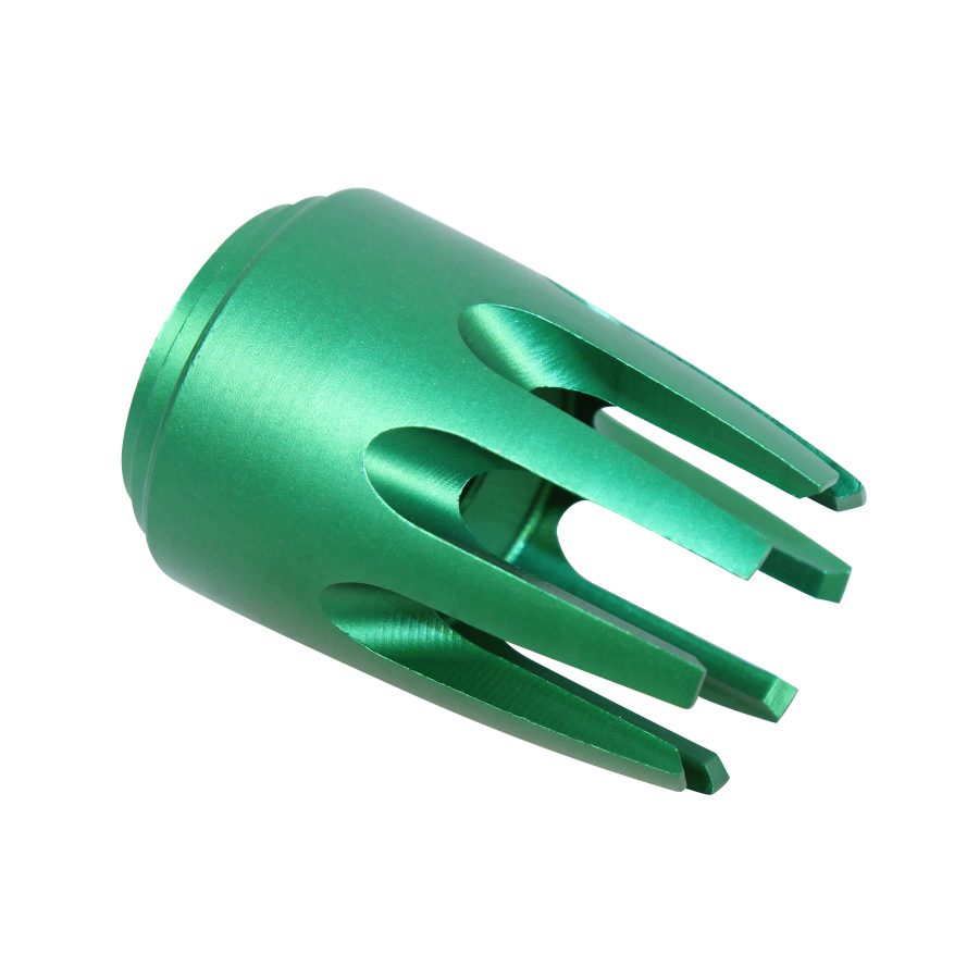 Teal-green CNC aluminum component with elongated slots, anodized finish, precision-machined for industrial use.