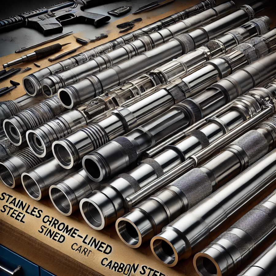 Precision-machined metal firearm components showcased on a wooden workbench.