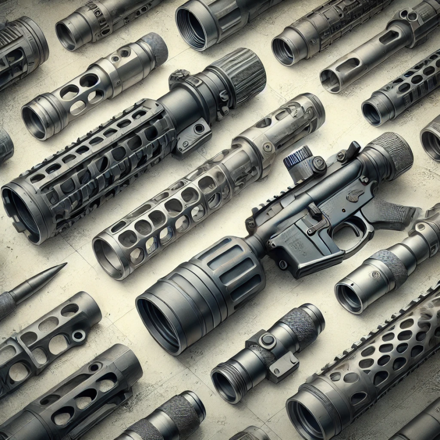 Comprehensive array of precision-engineered firearm components for tactical customization on beige background.