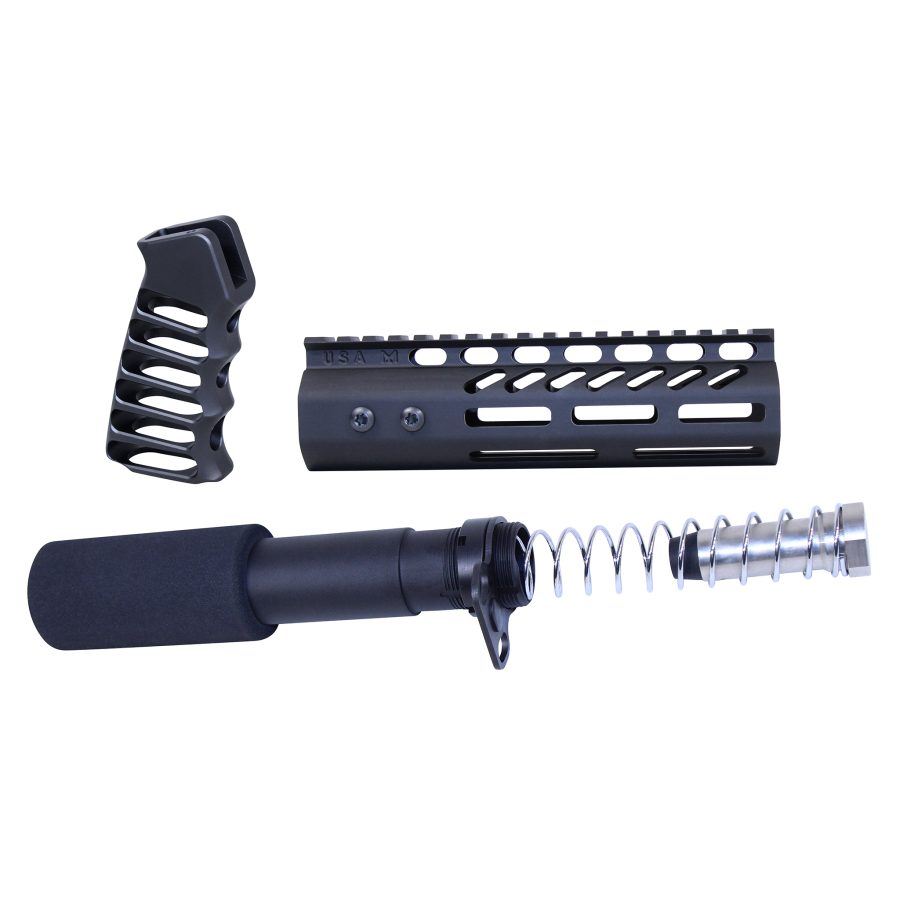 Modular black AR-15 tactical parts: pistol grip, handguard, buffer tube assembly.