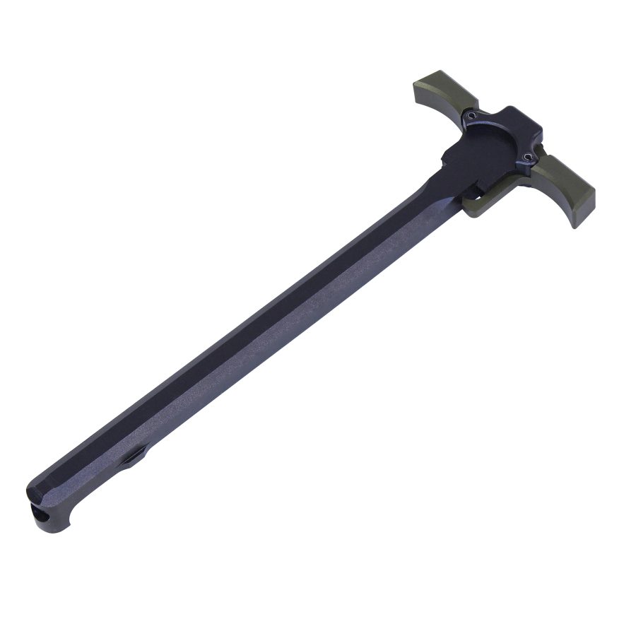 Ambidextrous AR charging handle: durable, ergonomic design with black body, green/tan latches.