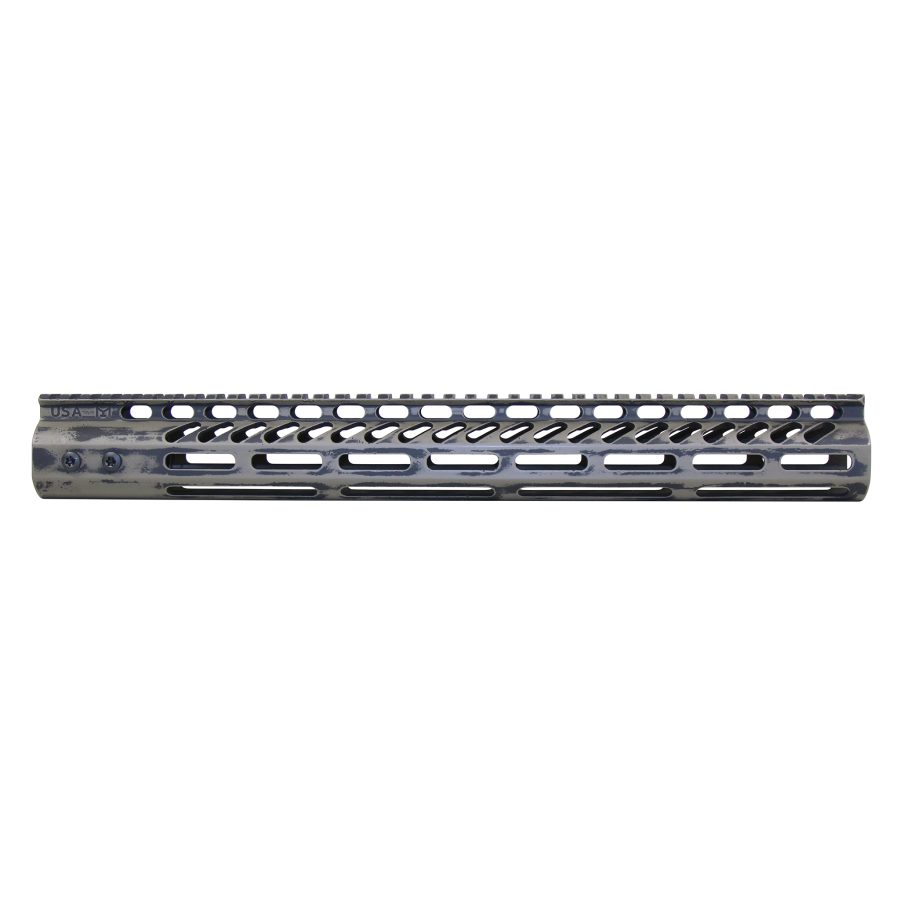 Tactical gunmetal aluminum handguard with Picatinny rail, cooling vents, and cutouts for accessory mounting.