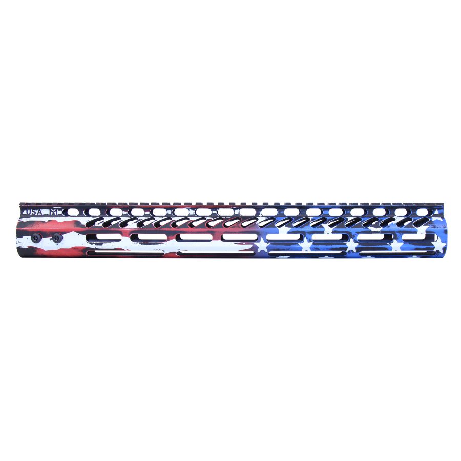 Custom AR-15 handguard with American flag design, M-LOK system, lightweight aluminum.
