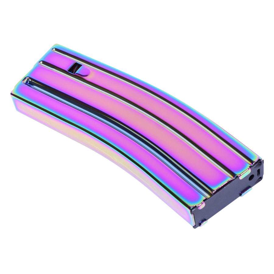 Iridescent rifle magazine with rainbow hues against a white background, highlighting a chameleon finish.