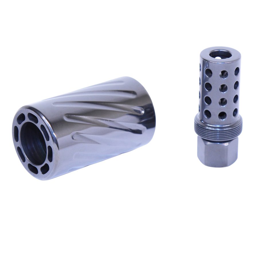 Chrome firearm muzzle brakes with spiral flutes and circular ports for recoil reduction.