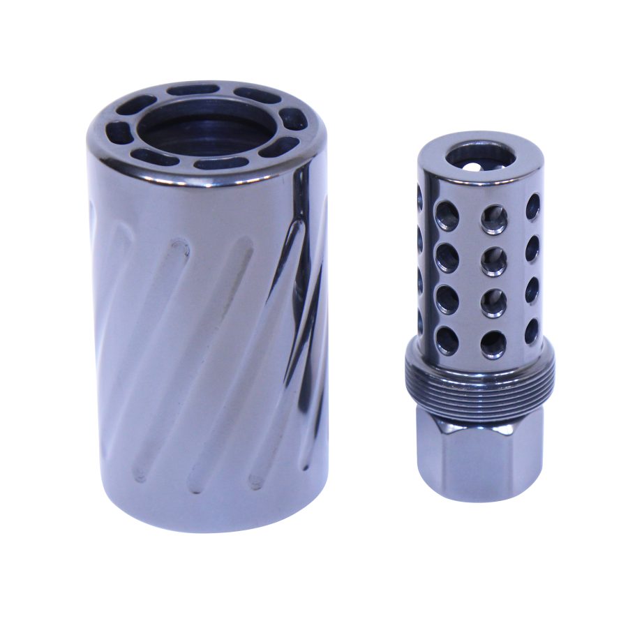 Polished firearm muzzle devices: chrome compensator with flutes, compact perforated design. Precision engineering.