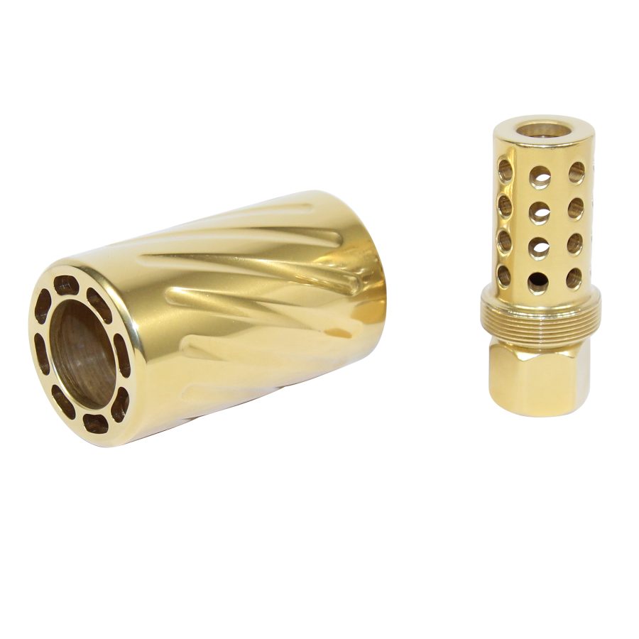 Gold-plated firearm muzzle devices: spiral grooves and grid ports enhance performance and aesthetics.