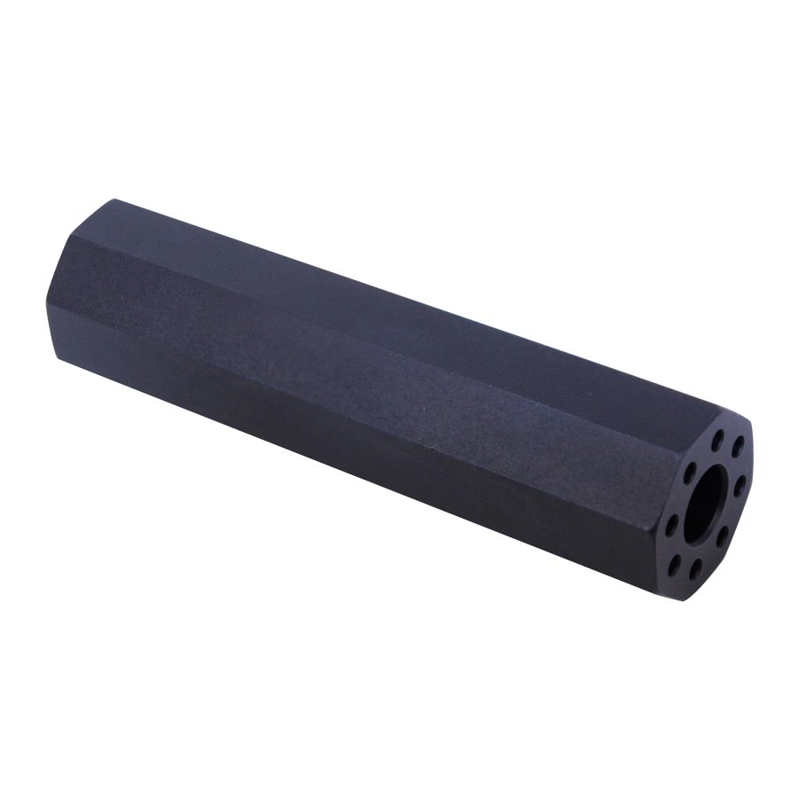 Matte black firearm fake suppressor with hexagonal design for gas dispersion.