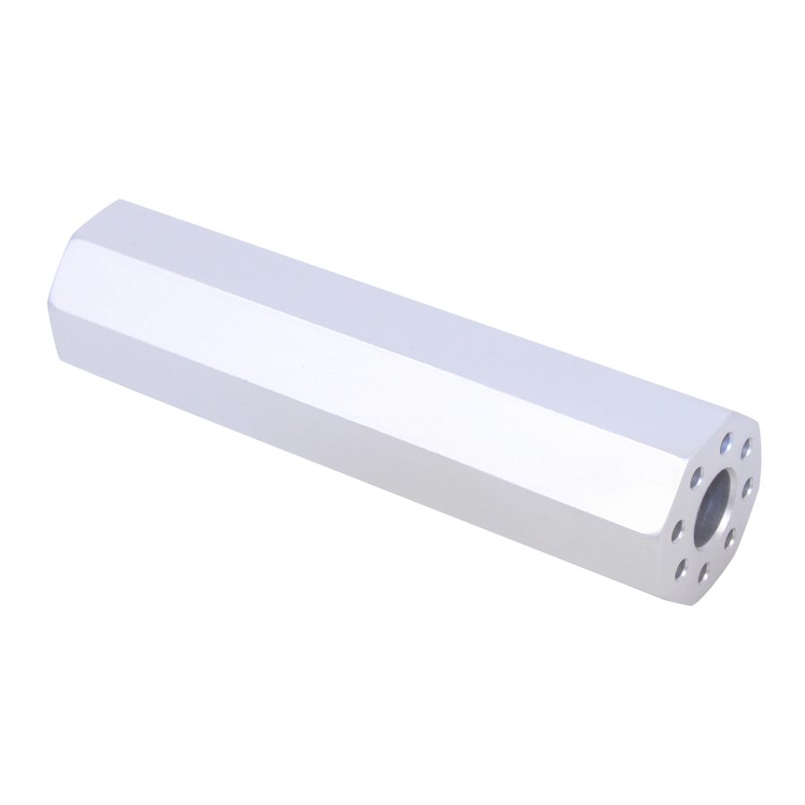 Silver hexagonal aluminum component with precise machining for mechanical assemblies, highlighted on white background.