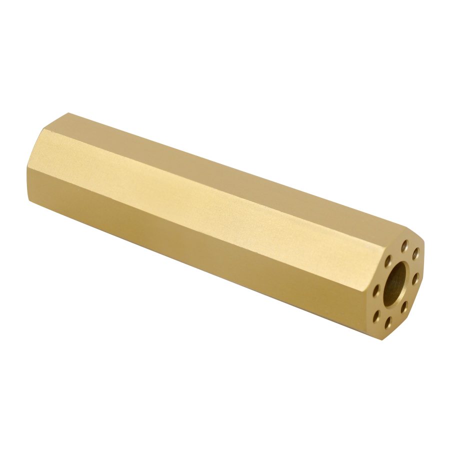 Gold hexagonal brass component with circular opening, machined for precision and upscale applications.