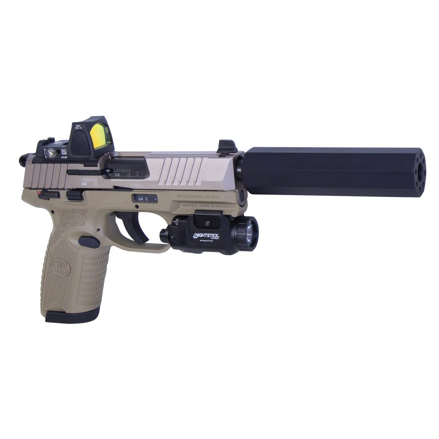 FN series tactical pistol with fake suppressor, red dot sight, and flashlight; optimized for performance.