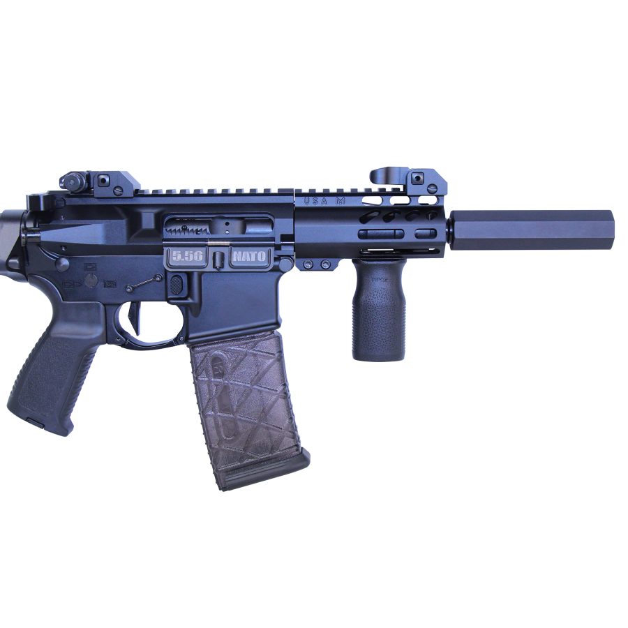 Compact AR-style pistol, matte black, Picatinny rail, fake suppressor, vertical foregrip, ergonomic grip, 5.56 NATO.