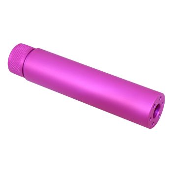 Vibrant anodized hot pink fake suppressor with sleek aluminum body, textured cap, and precision baffle openings.