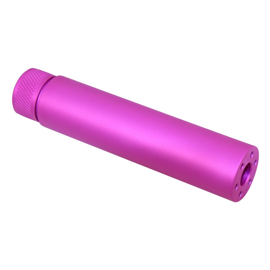 Vibrant anodized hot pink fake suppressor with sleek aluminum body, textured cap, and precision baffle openings.