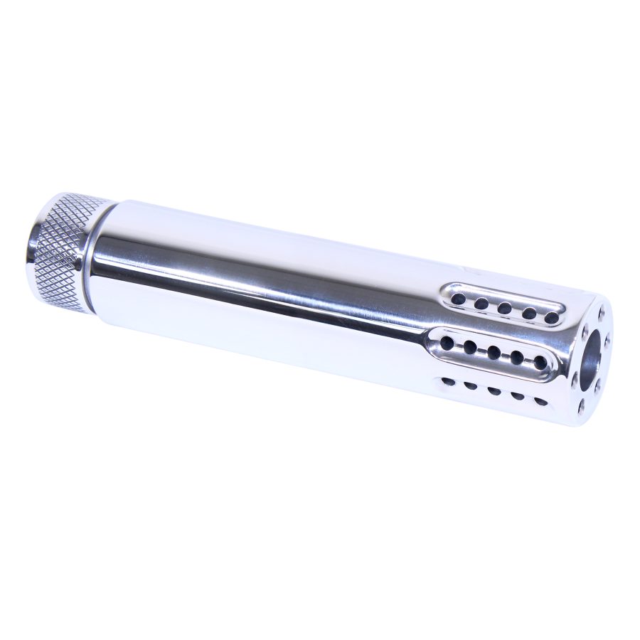 Chrome-finished muzzle device with diamond grip and ports, optimizing firearm performance.