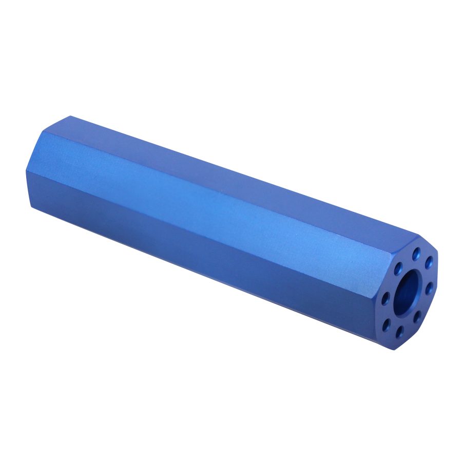 Blue anodized metal component with hexagonal design and precision holes on white background.