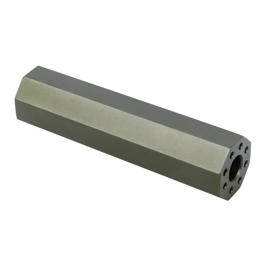 Hexagonal machined metal component in matte green, for precise industrial or mechanical use.
