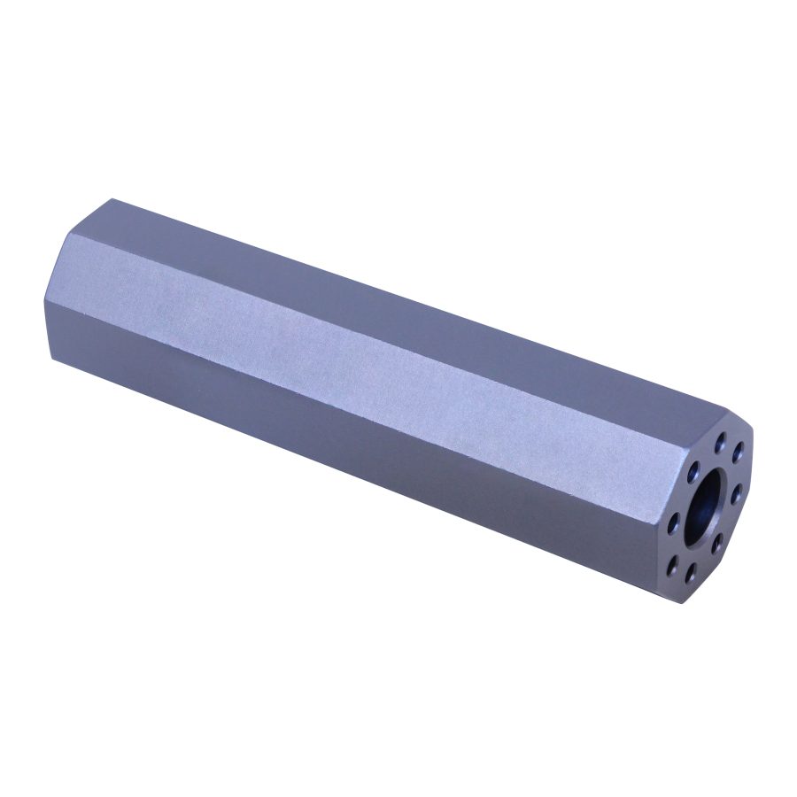Precision-machined aluminum component with hexagonal design; drilled holes for mechanical assembly.