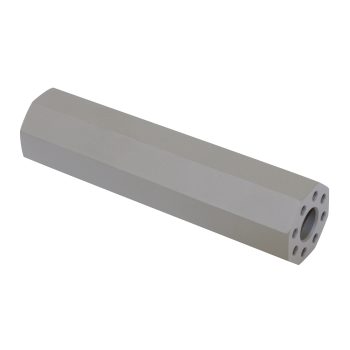 Elongated aluminum component with hexagonal shape, multiple holes, precision-engineered for specialized use.