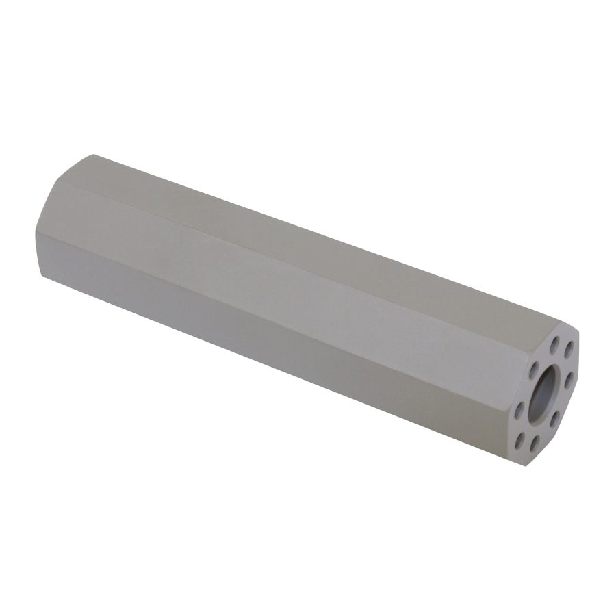 Elongated aluminum component with hexagonal shape, multiple holes, precision-engineered for specialized use.
