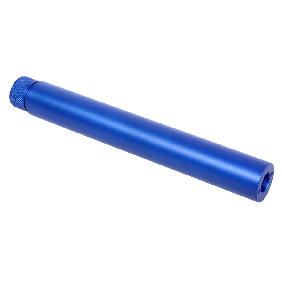 Cobalt blue firearm fake suppressor with matte finish and knurled cap; lightweight and unique design.
