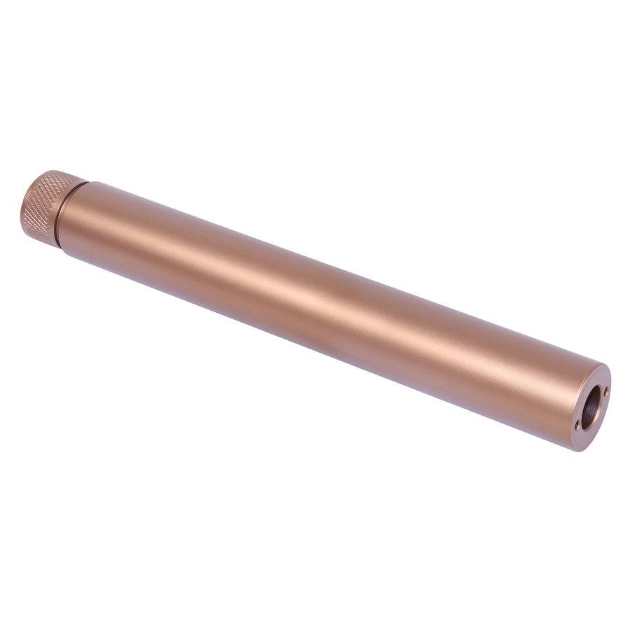 Bronze firearm fake suppressor with knurled grip, threaded end, custom design for sound reduction.
