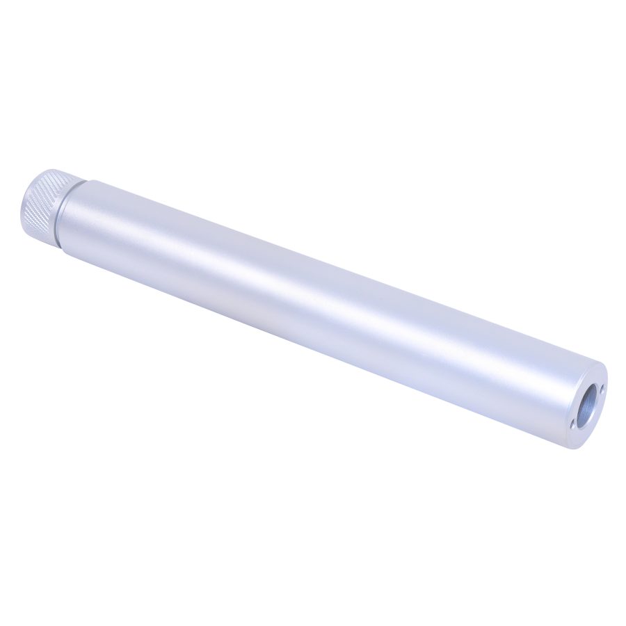 Sleek anodized firearm fake suppressor with knurled cap functions as a barrel extension, displayed on white background.
