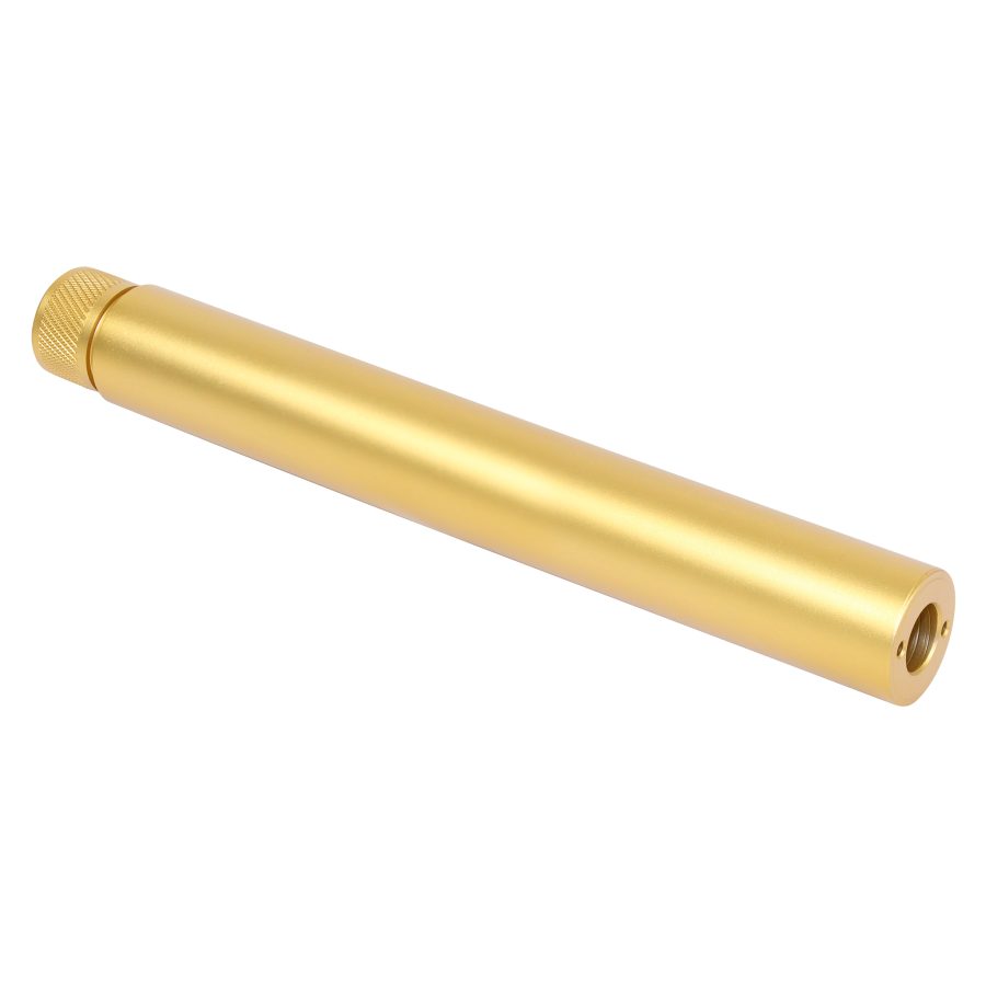 Gold suppressor with knurled cap, premium finish, and seamless design for firearms.