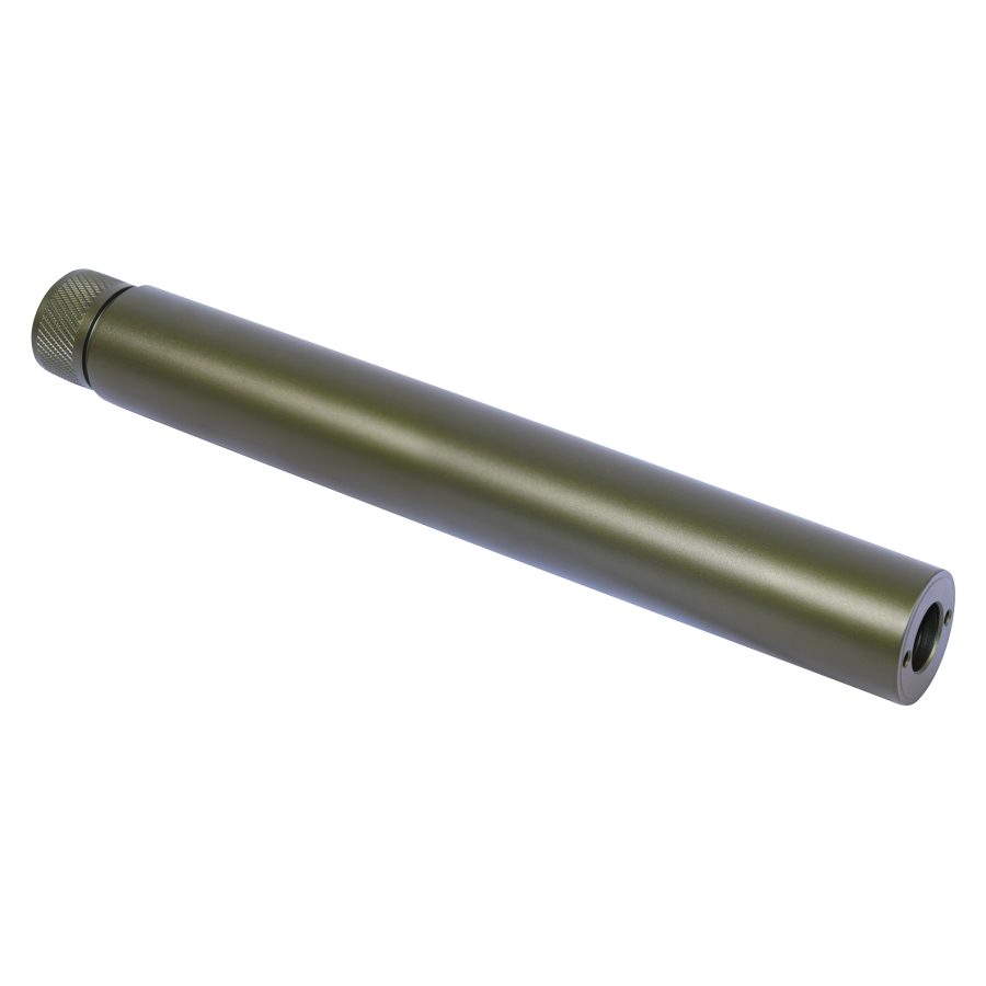 Anodized green rifle fake suppressor with knurled cap, functions as a barrel extension