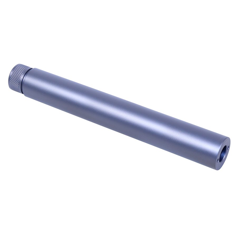 Bluish-gray firearm fake suppressor with matte finish and knurled cap, emphasizing precision engineering.