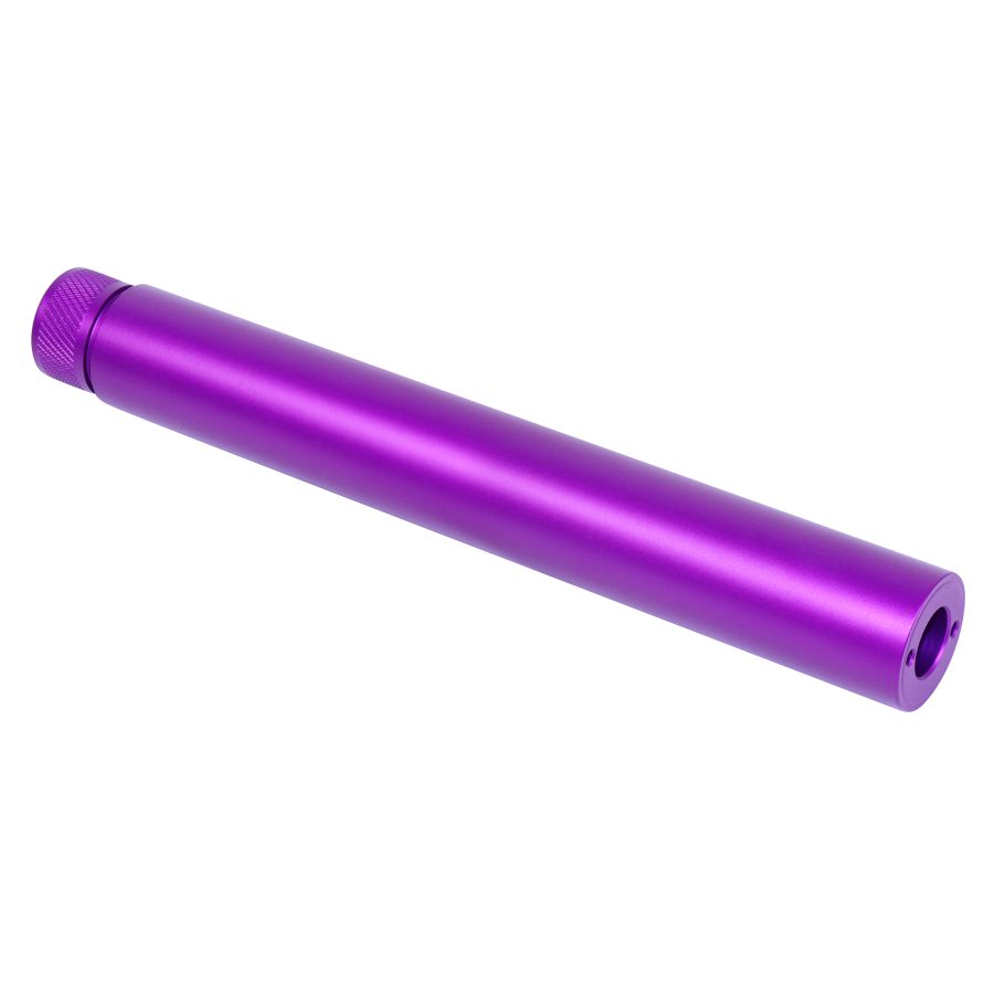 Purple anodized aluminum firearm fake suppressor with knurled cap for precision and style.